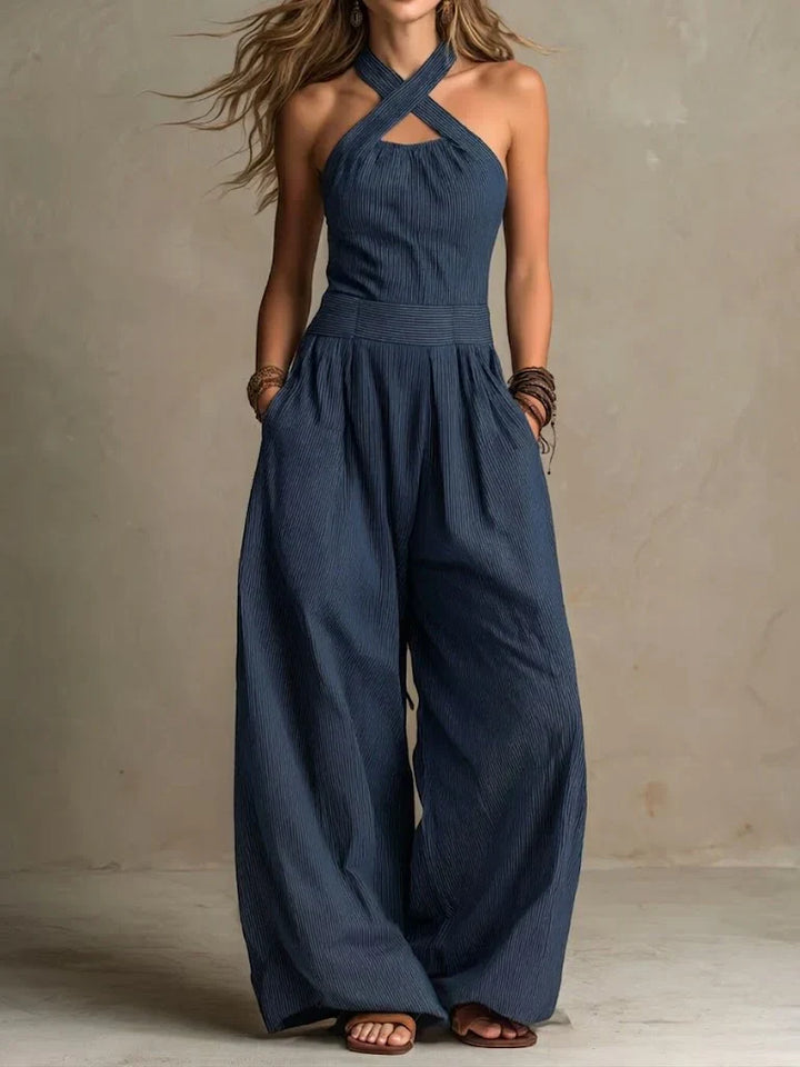 Bianca | Linnen en katoen jumpsuit met elegante kruissluiting