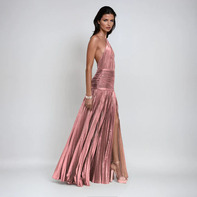 Emma | Halter Jurk met Open Rug in Metaalkleur